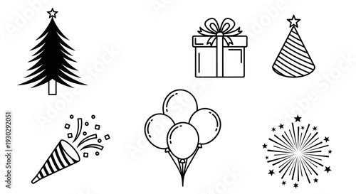 Black and white festive icons for Christmas and New Year celebrations