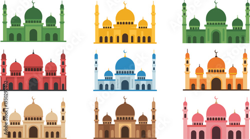 Colorful mosque icons set vector illustration, Islamic architecture collection with domes and minarets flat design religious buildings