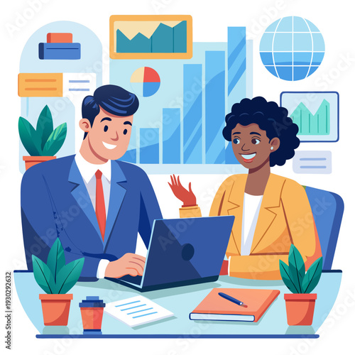 business people working together. Two diverse employees professionals discussing financial data at corporate business meeting. Busy happy business people work team colleagues using laptop computer wor