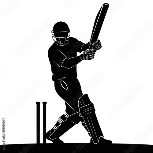 Cricket player in action swinging bat with focus and determination