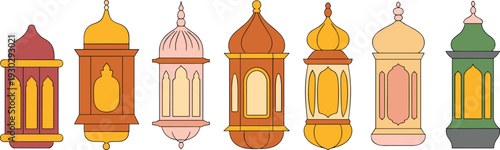 Islamic lanterns collection, colorful Arabic decorative lamps, traditional Ramadan ornaments, Middle Eastern festival lights, ornate domed designs, vector illustration set