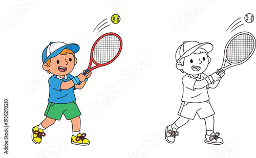 Cartoon little boy playing tennis illustration, colored character and black and white line art for coloring book page