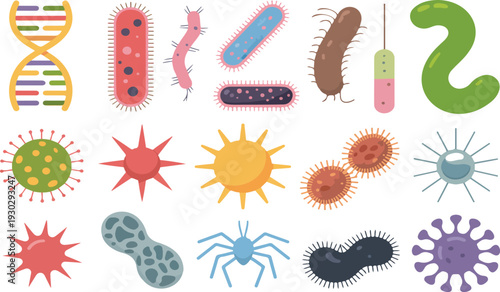 Virus and Bacteria Microorganism Icon Set with Germ Cells Antibody Parasite and Infection Symbols for Medical Design