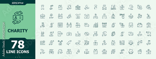 Set of Charity line icon. Includes thin line symbols donation, community, volunteer, support, sponsor and more. Collection of simple line web icons. Donation icon set. Editable stroke vector art.