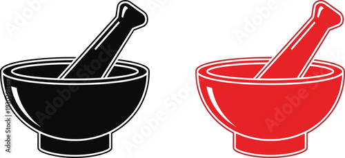 Mortar and pestle silhouette vector set featuring black and red pharmacy bowl grinder isolated on white background for medical herbal and kitchen design