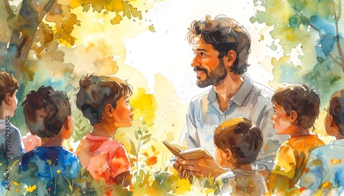 Watercolor Painting of a Teacher Reading to Children Outdoors.