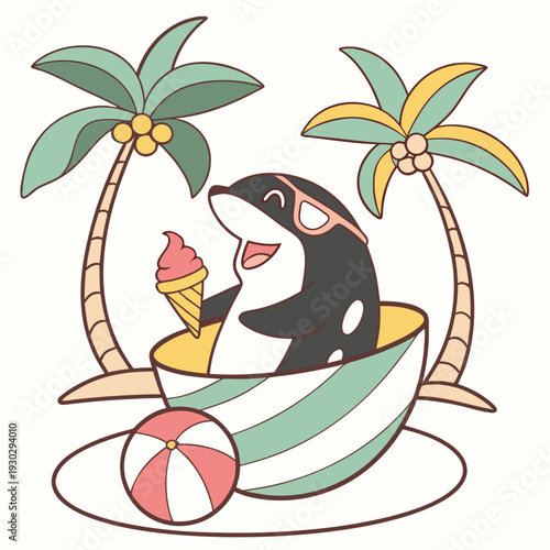 Cute Excited Orca, accessorized with sitting in a teacup ride, in a Summer Vacation world – Beach Bliss palette vector