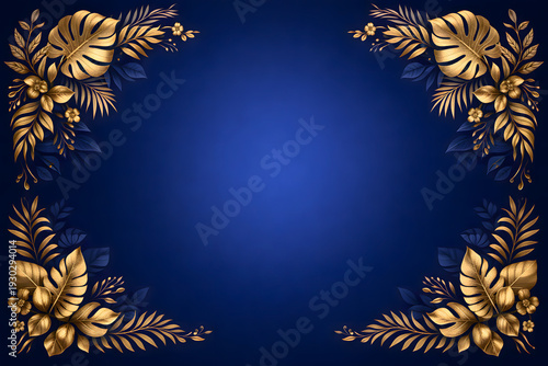 Luxury Blue Gradient Background with Symmetrical Gold Botanical Frame for Elegant Invitation Design