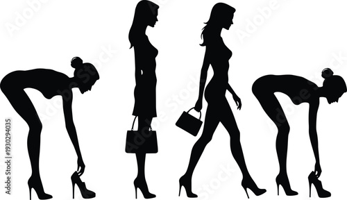 Black silhouette collection of elegant women wearing high heels carrying handbags and posing in fashionable outfits isolated on white background for retail lifestyle themes