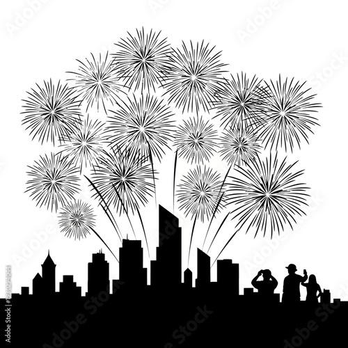 Vibrant fireworks exploding over modern city skyline at night