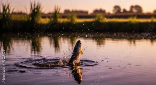 Fish Jumping Out of Water at Sunset.