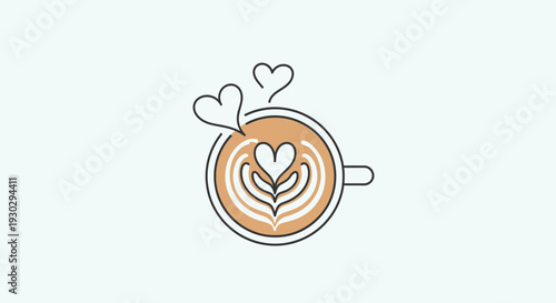 Latte Art Heart Design Coffee Cup Top View, Romantic Morning Drink