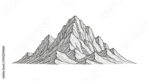 Hand Drawn Mountain Range Illustration, Vintage Style Peaks and Valleys, Black and White Sketch