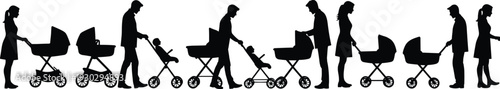 Black Silhouette Collection of Mothers and Fathers Pushing Baby Strollers and Prams in a Row Isolated on White Background for Parenting and Family Lifestyle Concepts
