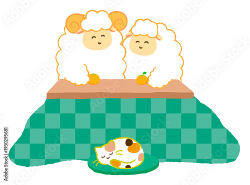 こたつで寛ぐ2匹の羊と三毛猫の可愛いイラスト。みかんと炬燵の冬の団らん。2027年未年年賀状素材