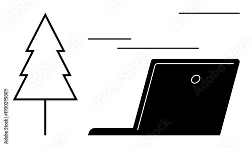Remote work, sustainability, digital nomad lifestyle, technology, eco-friendly practices, work-life balance. Minimal design showing laptop with a tree symbol in the background. Remote work
