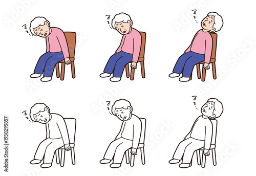 椅子に座って傾眠する高齢女性のイラストセット 側屈や前傾姿勢のパーキンソン病や介護の症状