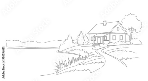 Cozy house by the lake, surrounded by trees, scenic landscape, line drawing