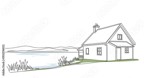Cozy Cottage by Serene Lake: Minimalist Line Drawing