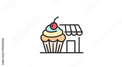 Cupcake Shop Icon: Sweet Treat Bakery Storefront with Cherry Topping