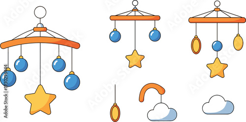 Baby Mobile and Nursery Hanging Toy Vector Illustration Set with Wooden Crib Mobile Blue Balls Yellow Star and Fluffy Cloud Decorations