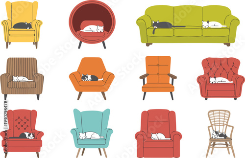 Cozy Armchair Furniture Vector Illustration Set with Cats Sleeping and Relaxing in Comfortable Living Room Interior Concept
