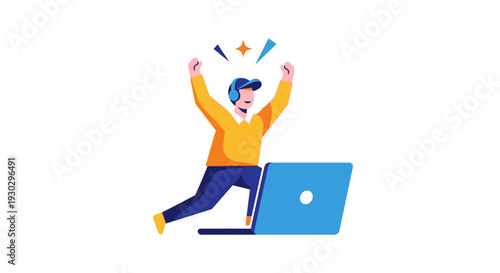 Man Celebrating with Laptop Computer Success.