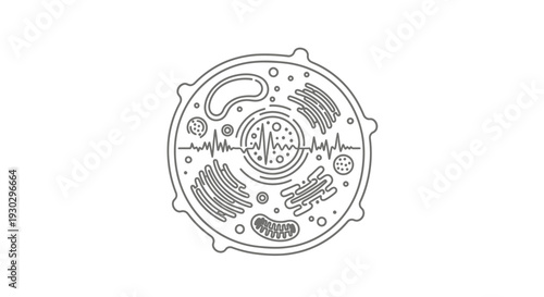 Cell Biology Icon: Animal Cell Structure with Heartbeat EKG Line