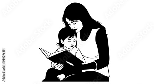 Woman Reading with Little Boy Together.