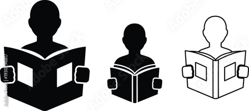 Education profile reading book icon. Person reading a book, learning, education and literacy. 