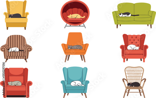 Cozy Armchair Furniture Vector Illustration Set with Cats Sleeping and Relaxing in Comfortable Living Room Interior Concept
