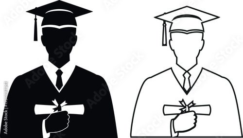 Graduation icons of two students in caps and gowns holding diplomas