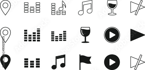 Collection of black icons on white background for media music video and location