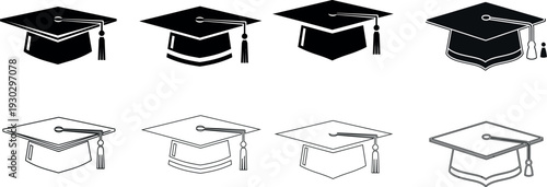 Graduation cap illustrations in various styles and shading techniques