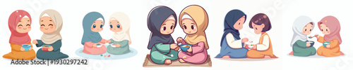 vector of two little Muslim girl sharing food