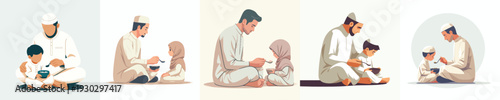 vector Muslim father and child breaking the fast together