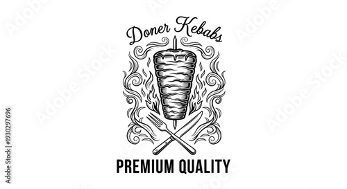 Doner kebab logo with meat on spit fire flame fork and knife
