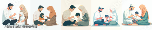 vector Muslim parents and child breaking the fast together