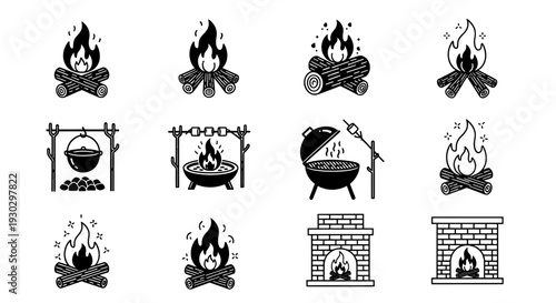Fire icon set with campfire grill fireplace and cooking pot
