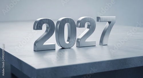 Silver metallic numbers 2027 on a reflective surface.