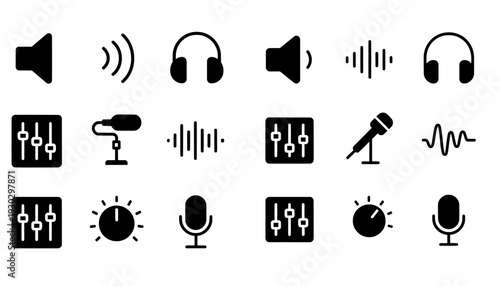 Audio icon set with microphone headphones speaker and sound waves
