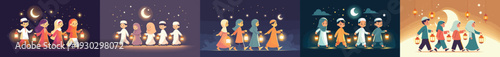 vector of little muslim friends walking holding ramadan lanterns in night