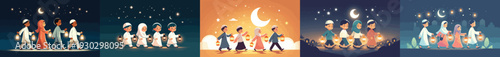 vector of little muslim friends walking holding ramadan lanterns in night