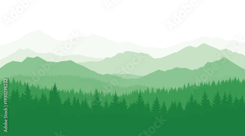 A serene forest landscape with mountains in the background isolated on white background