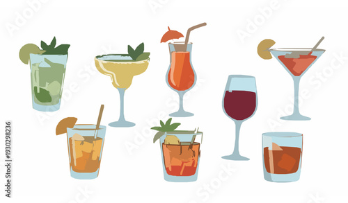 Retro cartoon summer cocktails and aperitif drinks in glasses vector set