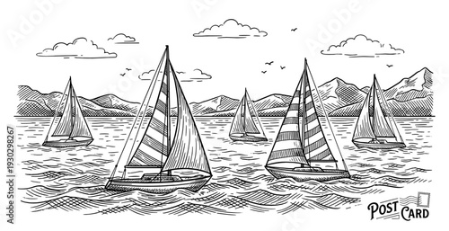 Sailing yacht regatta at sea in vintage engraving style
