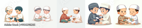 vector of two little Muslim boy sharing food