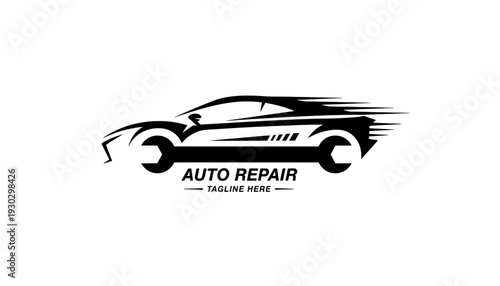 Auto repair logo with car silhouette and wrench

