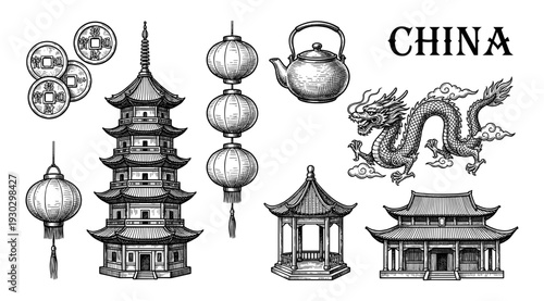 China collection with dragon pagoda and lantern in engraving style