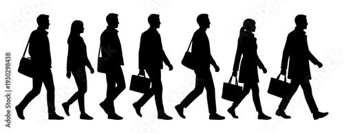 Walking man and woman silhouette with bag and briefcase set